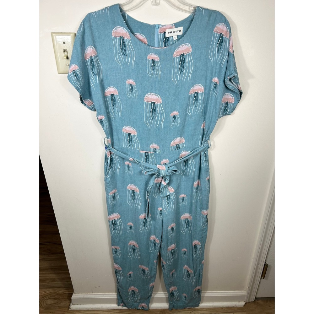 Pepaloves Jumpsuit Womens S Teal Jellyfish Novelty Print S/S Belted Dopamine